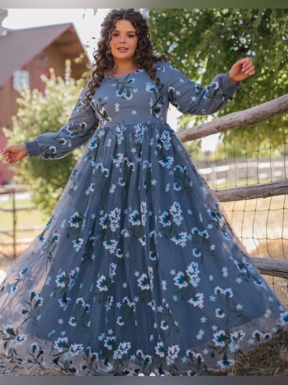 NWT Jessa Kae Rowan Blue Floral Maxi Dress Sheer Overlay Plus Size 1X Formal